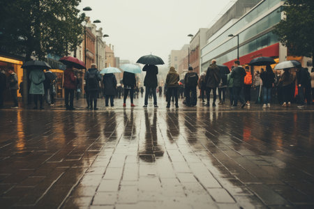Caught in the Rain: People Seeking Shelter on the Pavementの素材