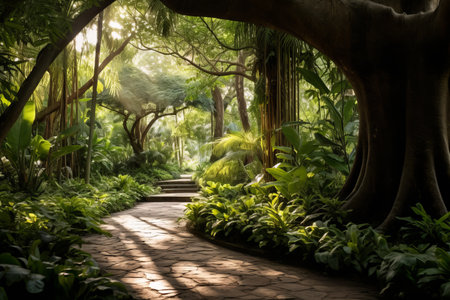 Natures Enchanting Passage: A Visual Journey Along the Pathway Between Trees and Plants --ar 3:2の素材