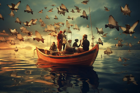 Navigating the Waters: A Stunning Capture of People Riding on Boat --ar 3:2の素材