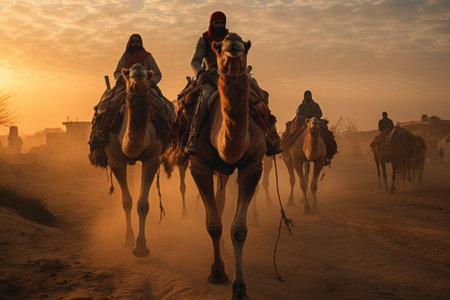 Experiencing the Majestic Journey: People Riding on Camels â AR 3:2の素材