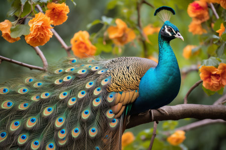 Majestic Peacock Perched on a Tree Branch: A Captivating 3:2 Visual Encounterの素材