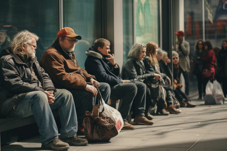 Street Life: Capturing Urban Moments of People Sitting on Sidewalks --ar 3:2の素材