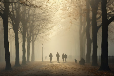 Enigmatic Encounters: Exploring the Mysteries of People in a Foggy Park Pathwayの素材