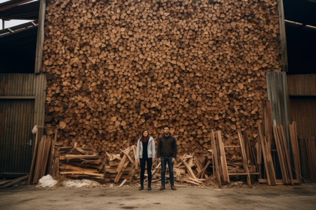 Captivating Human Silhouettes Perched Before Majestic Wood Pile --ar 3:2の素材