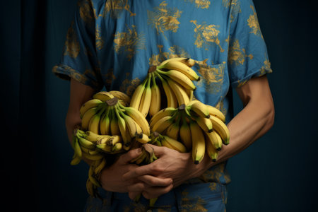 Unconventional Banana Affair: A Man Struggling with Unripe Fruits in Blue Topの素材