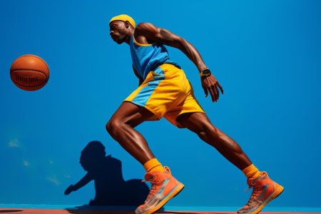 Fierce Basketball Action: Man Dominating the Court in Blue and Yellow Shorts --ar 3:2の素材
