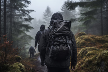 Foggy Encounter: Mysterious Figure in Black Hoodie Emerges from the Mist Carrying Mysterious Backpacの素材