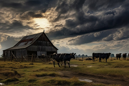 A Rustic View: Cattle Grazing Near the Barn --ar 3:2の素材