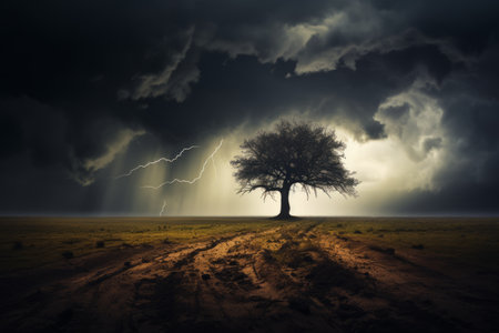 Enigmatic Shadows: The Mysterious Tree Under Dark Cloudsの素材