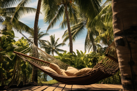 Tropical Tranquility: Green Palm Trees and Brown Hammock in AR 3:2の素材