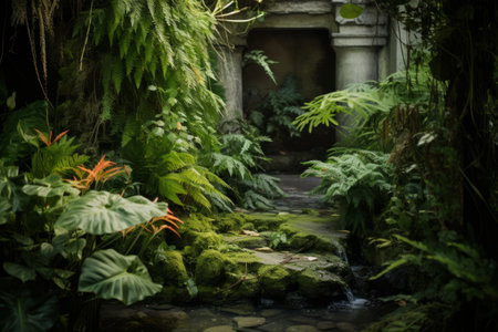 Serene Oasis: Vibrant Green Plants Flourish Near the Pristine Well - 3:2 Aspect Ratioの素材
