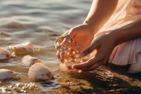The Serene Seashell Rings: A Mesmerizing Display by a Crop Woman near the Waterの素材