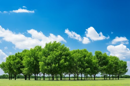 Natures Bliss: Sunlit Green Leafed Tree Lot Beneath Azure Skyの素材