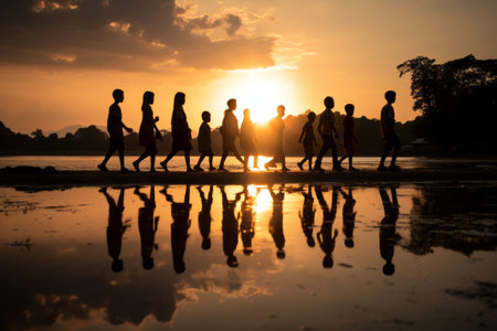 Serene Silhouettes: Exploring the Waterscape with a Group of Children - AR 3:2の素材