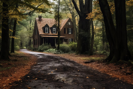 Enchanting Brown Brick House Embraced by Majestic Trees: AR 3:2の素材