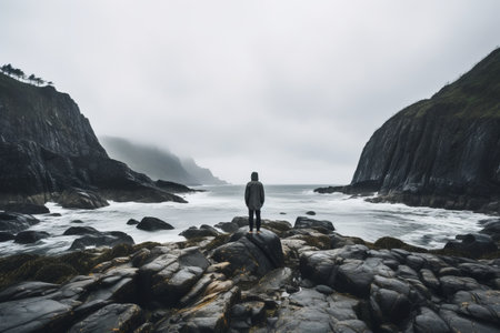The Solitary Soul: Embracing Solitude on a Rugged Coastline in Gloomy Weatherの素材