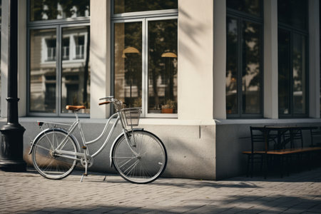 Urban Elegance: A Grey Bike Resting Beside a Table in Front of a Striking Buildingの素材