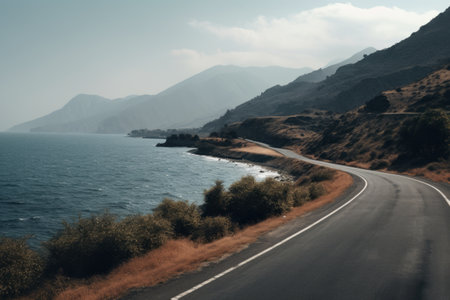 Tranquil Scene: The Serene Intersection of an Empty Road and Calm Body of Waterの素材