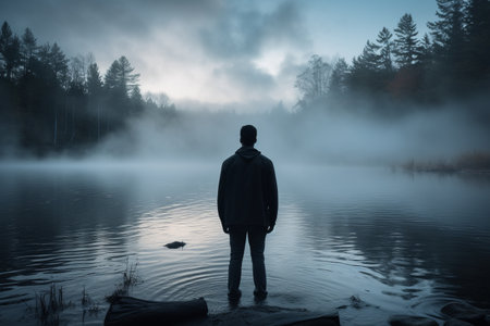 Solitudes Serenade: A Mans Reflection by the Waters Edge --ar 3:2の素材