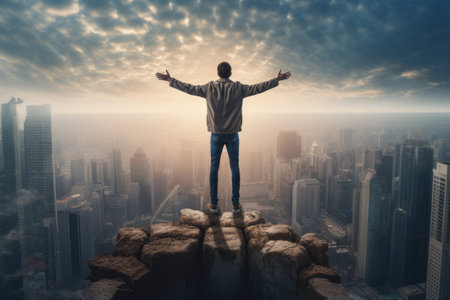 On the Edge of Freedom: The Brave Man Spreading His Wings High --ar 3:2の素材