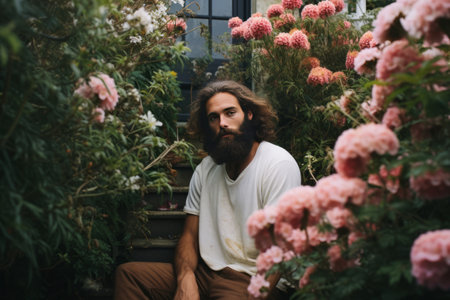 Natures Symphony: Captivating Man Posing amidst Vibrant Garden Flowersの素材