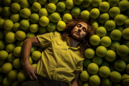 The Surreal Capture: Man Found Resting Amidst a Bed of Vibrant Green Tennis Ballsの素材