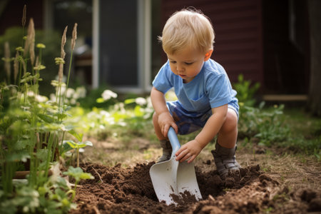 Imaginative Adventures Unfold as Little Boy Explores with Plastic Shovel in Backyard (AR 3:2)の素材