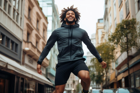 City Workout: Energetic Ethnic Athlete Prepares with Dynamic Stretchesの素材