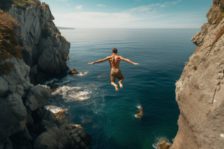 Daring Plunge: Fearless Man Defies Gravity, Leaping from Cliff into Crystal Clear Watersの素材