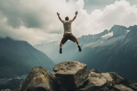 Defying Gravity: Adventurous Man Performs a Jaw-Dropping Hand Stand on a Majestic Mountainの素材