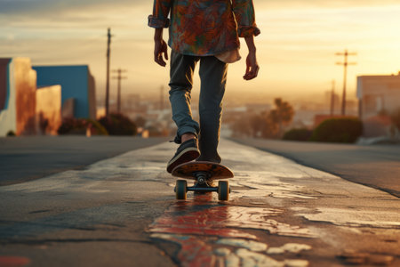 Skateboarders Stance: A Man Grasping His Board with Confidence at a 3:2 Perspectiveの素材