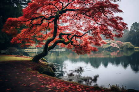 Captivating Serenity: A Breathtaking 3:2 Snapshot of a Maple Tree Reflected in a Tranquil Body of Waの素材