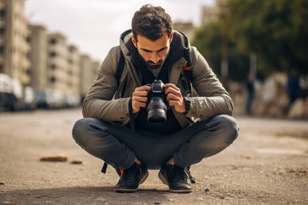 Crouched and Ready: A Man Holding a DSLR Camera in a Perfect 3:2 Frameの素材