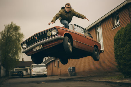 Bold Stunt: Thrilling Man Leaps Onto Brown Car --ar 3:2の素材