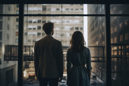 Captivating Encounter: Two Figures Engaged in Gazing Through a Buildings Window --ar 3:2の素材