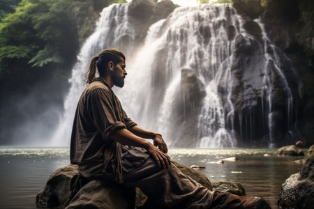 Cascading Serenity: A Man Finding Tranquility Near Waterfallsの素材