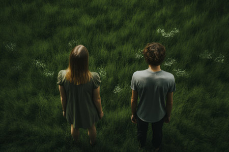 Harmony Unveiled: A Couple Embracing Natures Serenity on Lush Green Grassの素材