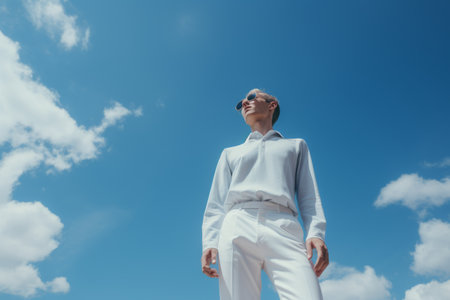 Capturing the Serenity: A Man Donning White Pants Beneath the Blissful Blue Sky --ar 3:2の素材