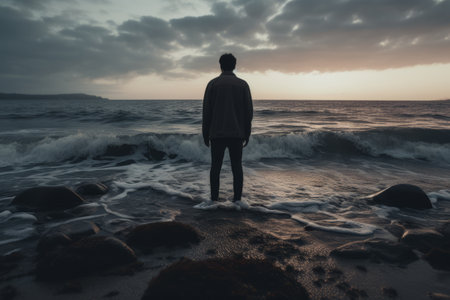 The Serene Man: Gazing Out at the Endless Sea - AR 3:2の素材