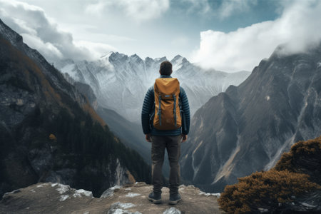 Journey through the Majestic Mountains: Gray-Backpacked Adventurer Conquers Nature - A 3:2 Snapshotの素材