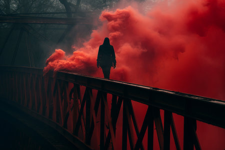 The Enigmatic Man: A Captivating Image of a Figure Wielding Red Smoke in a Black Jacket on a Steel Bの素材