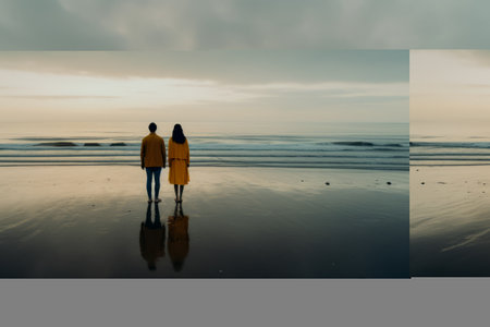Embrace of Love: Man and Woman Silhouetted on Beachの素材