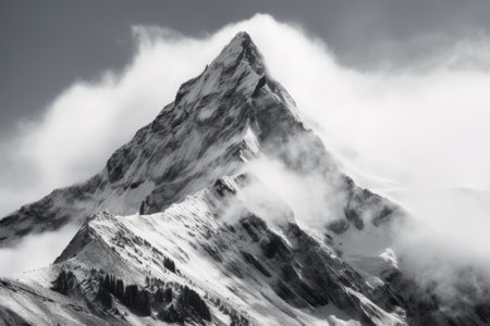 Serene Monochrome Landscape: Majestic Snow Capped Mountains in Daylightの素材