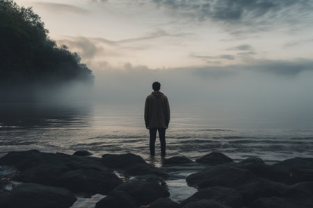 Serenity Captured: Man Contemplating by the Waters Edge --ar 3:2の素材