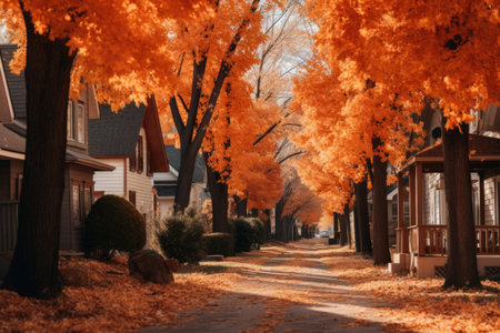 Vibrant Autumn Sunsets: Captivating Orange Leafed Trees and Quaint Brown Housesの素材