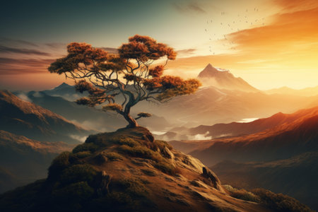 Enchanting Golden Hour: Scenic Mountain Blanketed in Lush Trees -- AR 3:2の素材