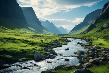Embracing Natures Majesty: The Majestic Narrow River in a Mountainous Valleyの素材