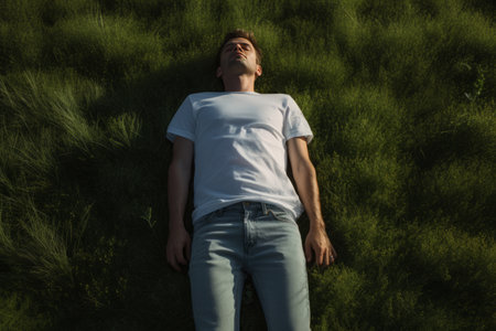 A Fashionable Man Flaunts a Casual Green Grass Field Look in White T-shirt and Gray Denim Jeansの素材
