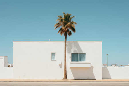Serene Oasis: A Palm Tree Thrives Near a White Concrete Buildingの素材