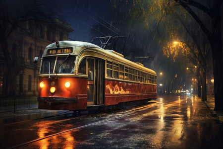 Vintage Trolleybus Glides Through the Enchanting Night Streets - AR 3:2の素材